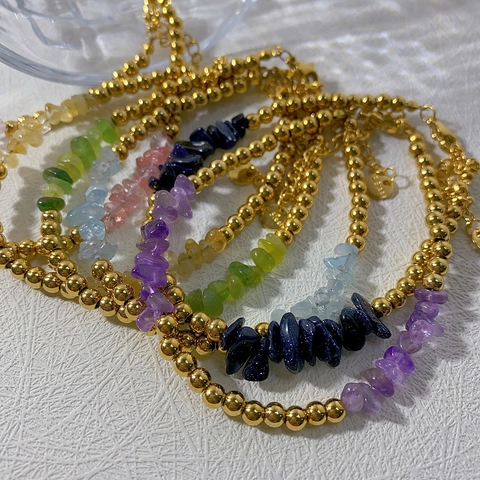 Natural Stone Gold Bead Bracelet 18K Gold Plated Stainless Steel Irregular Chips Adjustable For Women