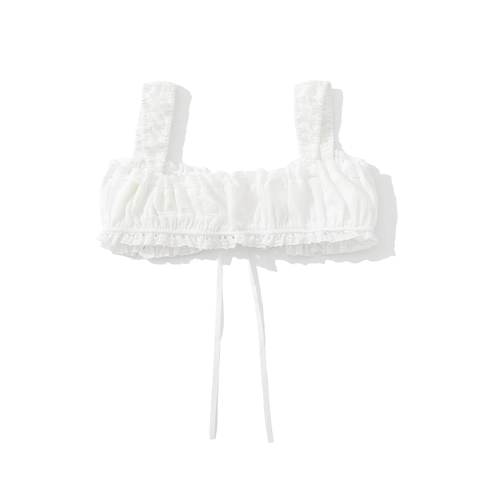 Top Crop Canotta Bianca Con Pizzo E Volant Slim Fit Cotone Poliestere Con Coulisse Stile Dolce Casual Da Donna