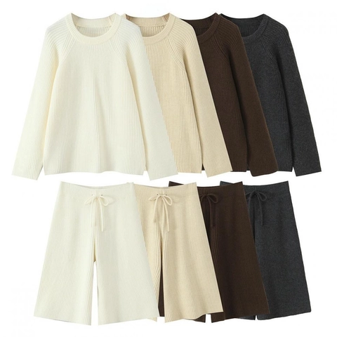 Women Ribbed Knit Pullover Sweater And Drawstring Shorts Casual Loungewear Cozy Streetwear Solid Color
