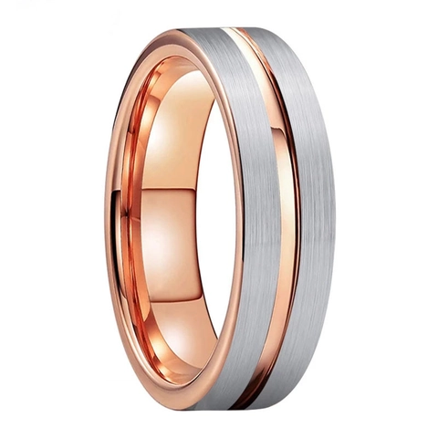 Ring Aus Wolframstahl Roségold Und Silber Zweifarbig Gebürstet Mit Rille Poliertes Innenband Modeschmuck Für Damen Und Herren