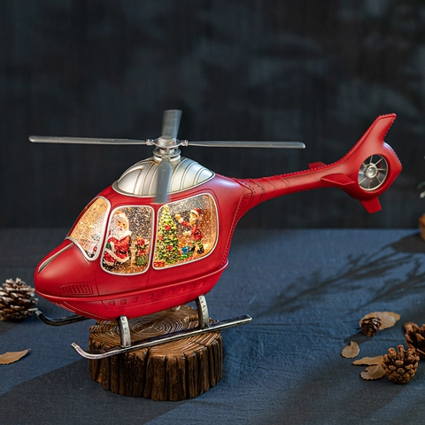 Christmas Helicopter Snow Globe Music Box With LED Light Santa Claus Scene Resin Plastic Holiday Ornament USB Powered