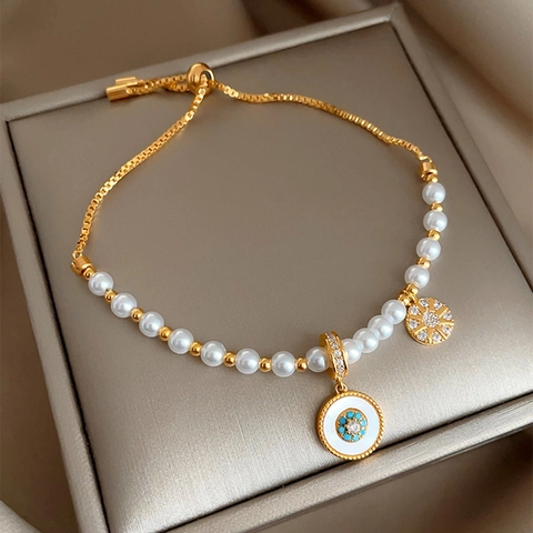 Elegant Royal Style Gold Plated Adjustable Bracelet With Zircon Imitation Artificial Pearls Evil Eye And Starburst Charms For Women