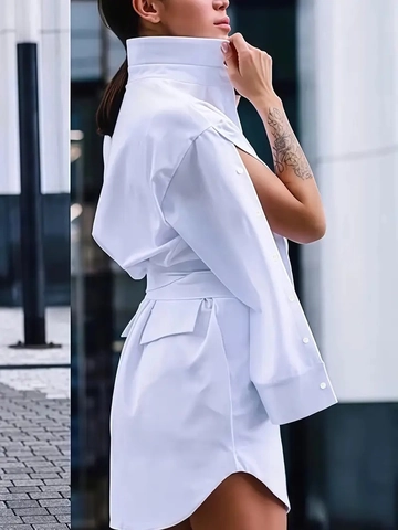 Dames Elegante Witte Overhemdjurk Polyester Met Gespleten Kaapmouwen Revers Tailleband Mini Jurk Casual Stijl