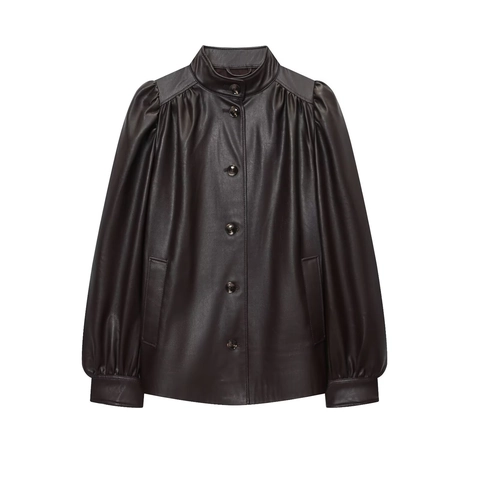 Veste En Similicuir Pour Femmes Col Montant Manches Lanternes Vintage Boutonnage Simple Couleur Unie Chic Automne