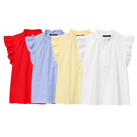 Dames Blouse Met Ruches Polyester Linnen Textuur Opstaande Kraag Knoopsluiting Korte Mouwen Gestreept Effen Mode