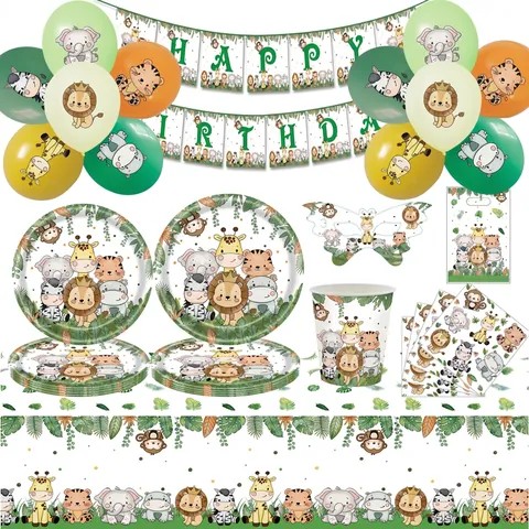 Jungle Animal Party Decorations Cartoon Zoo Theme Birthday Tableware Banner Balloon For Kids Celebration