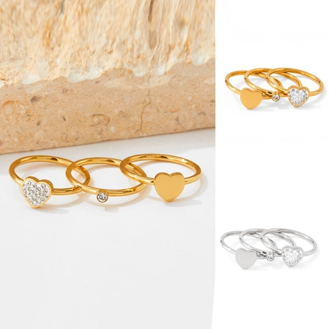 Dainty Heart Rings Stainless Steel Zircon Micro Pave Polished Heart Round Stone Stackable Fashion Jewelry Women