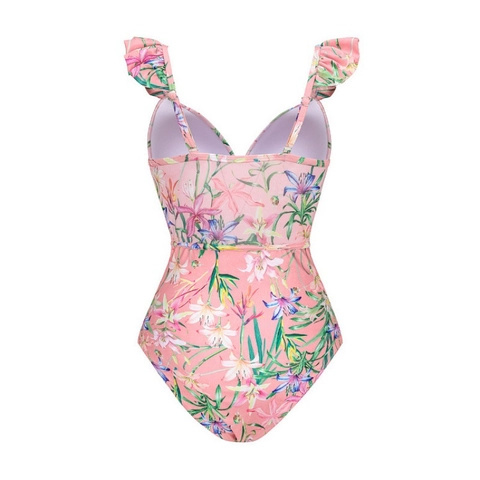 Women Floral Printed Monokini And Ruffle Mesh Skirt V Neck Hollow Out Resort Bohemian Swimwear