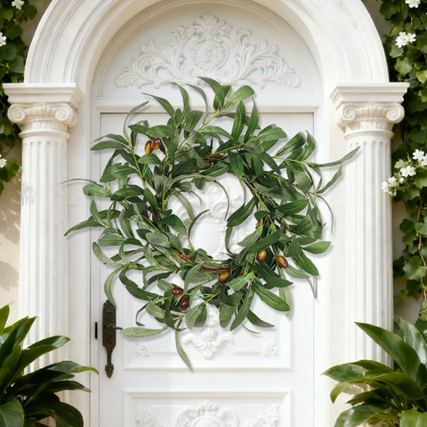 Artificial Olive Leaf Wreath With Berries Plastic Satin Rattan Greenery Front Door Wall Decor Realistic Farmhouse Rustic