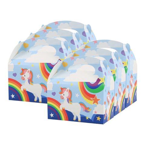 Portable Cardboard Gift Box Unicorn Rainbow Pattern Handle Design Candy Packaging Foldable Case Kids Birthday Party Blue