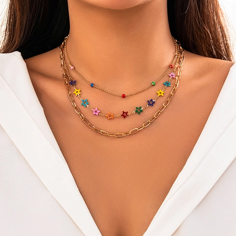 Collana Multistrato Per Donna Oro Lega Ferro Smalto Colorato Cuore Farfalla Stella Occhio Di Allah Boho Moda