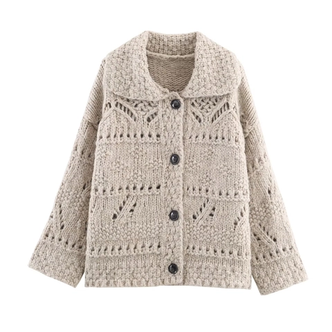 Cardigan In Maglia Grossa Da Donna Retro Traforato A Maniche Lunghe Risvolto Monopetto Maglione Top
