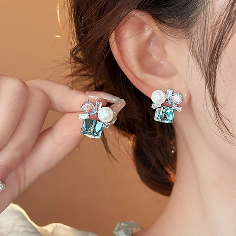 Square Blue Cubic Zirconia Faux Artificial Pearl Ear Studs With Silver Earring Post Elegant Geometric Jewelry For Women