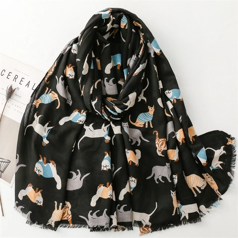 Écharpe en Polyester Imprimé Chat de Dessin Animé pour Femmes Châle Chaud à la Mode avec Franges à Glands pour Voyage Quotidien Automne Hiver