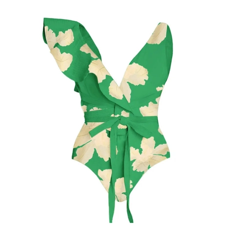 Tropical Floral Single Shoulder Swimsuit With Ruffles And Sarong Polyester Beachwear For Women Beach Vacation