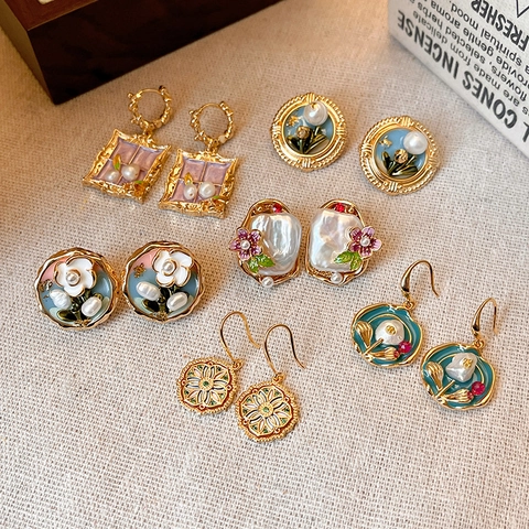 French Vintage Enamel Oil Painting Flower Stud Earrings With Freshwater Pearl 925 Sterling Silver Post For Women Aesthetic Copper Jewelry