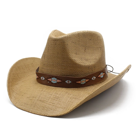 Western Cowboy Straw Hat Wide Brim Sun Protection Ethnic Embroidered Band Vintage Summer Outdoor Beach