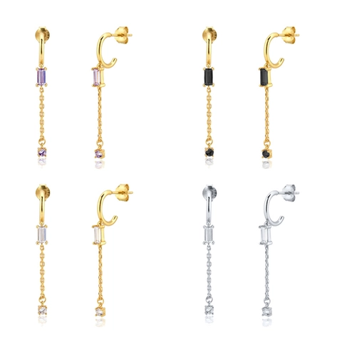 Copper Tassel Chain Drop Earrings With Zircon Rectangular Stone And 925 Sterling Silver Earring Post For Women
