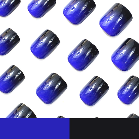 Gradient Blue Black Press On Nails Glossy Short Square French Style Artificial Finger Nails Women Professional ABS