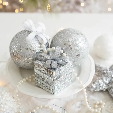 Decorazioni Da Appendere Per Albero Di Natale Argento Bianco Glitter Schiuma Palle Paillettes Stella Uccello Calza Arredamento