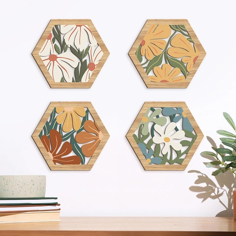 Hexagon Wooden Wall Decor Plaques Hollow Layered Floral Bohemian Nordic Style Hanging Ornament