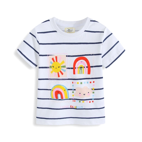 Kids Short Sleeve Cotton T-Shirt Striped Rainbow Sun Print Round Neck Breathable Summer Tops For Boys Girls