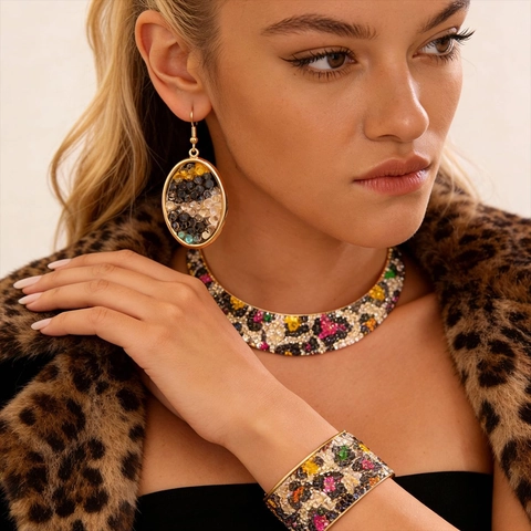 Leopard Print Jewelry Multi Color Resin Rhinestone Choker Necklace Bracelet And Earrings Fashion Statement For Women