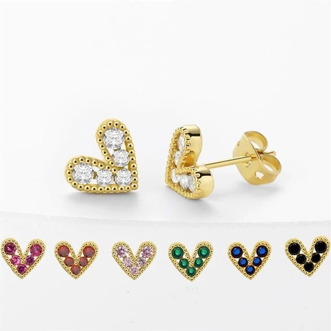 Elegant Heart Shaped Copper Stud Earrings With 925 Sterling Silver Earring Post Colorful Rhinestone Women Fashion Jewelry Gift