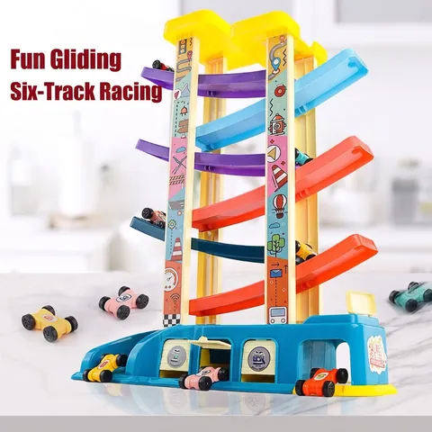 Toddler Racing Track Car Toy Colorful Plastic Multi-Layer Gravity Gliding Ramp Racer Vehicle Parking Lot Play Gift