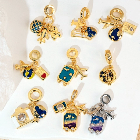 Travel Theme Dangle Charms Copper Gold Plated Zirconia Enamel Airplane Globe Passport Star Moon Pendant For DIY Necklace