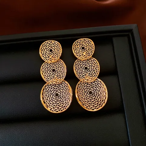 Hollow Geometric Triple Circle Drop Earrings With 925 Sterling Silver Earring Post Copper Textured Jewelry For Women