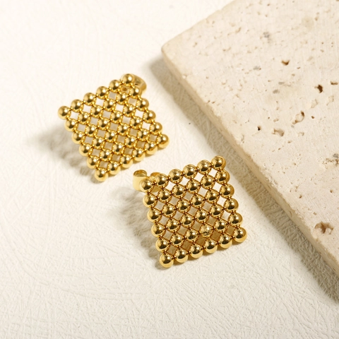 Geometric Square Bead Stud Earrings Gold Plated Stainless Steel Mini Sphere Grid Design Minimalist Jewelry For Women