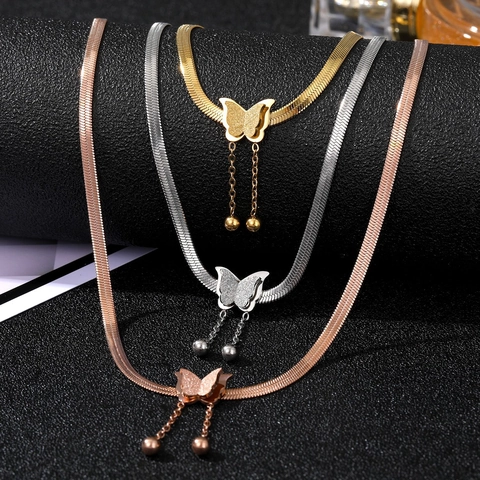 Stainless Steel Butterfly Pendant Necklace Frosted Double Layer Tassel Snake Chain Clavicle Neck Chain Jewelry For Women Gift