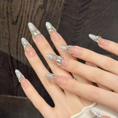 Handgemaakte Press On Nagels Zilveren Glitter Strass Strikt Roze Doorschijnend Luxe Kunstnagels Voor Dames