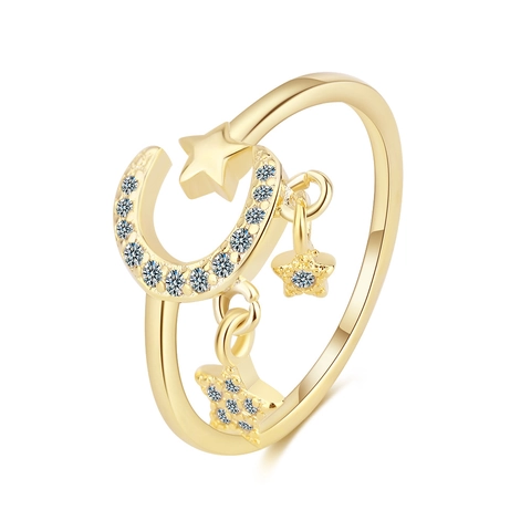 Verstelbare Open Ring Ster Maan Met Strass Steentjes Hangende Sterren Koperen Sieraden Voor Dames