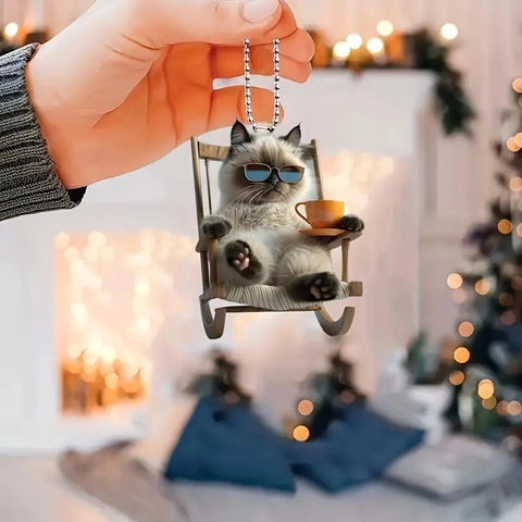 Cute Cat Hanging Ornament Acrylic Sunglasses Rocking Chair Coffee Car Mirror Decoration Christmas Tree Charm Cartoon Gift