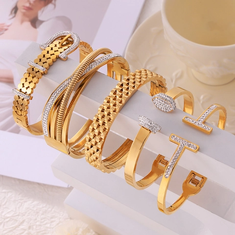 Bracciale Rigido Geometrico Placcato Oro Acciaio Inossidabile Zirconia Cubica Gioielli Di Moda Per Donna