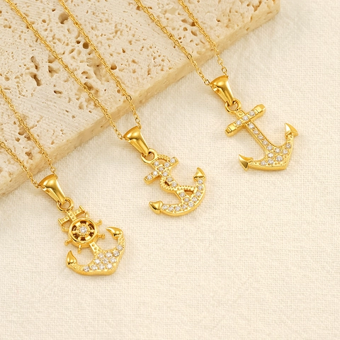 Collana Con Pendente Ancora Timone Placcata Oro 18K Acciaio Inossidabile Con Zirconia Gioielli Nautici Per Donna