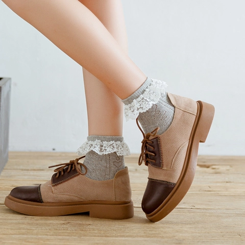 Damen Süß Spitze Rüschenbesatz Crew Socken Baumwolle Japanischer Stil Herzmuster Crew Socken Weich Atmungsaktiv Socken