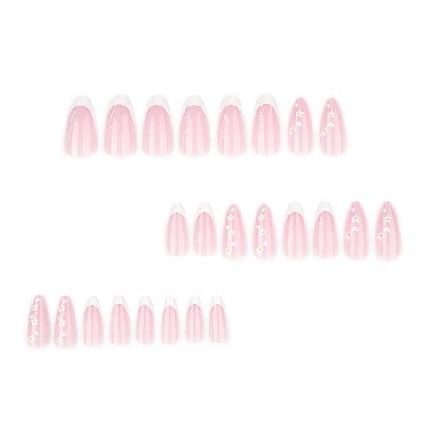 Ongles À Presser French Tip Plastique Forme Amande Rose Blanc Marguerite Fleur Motif Coeur Faux Ongles Artificiels Pour Femmes