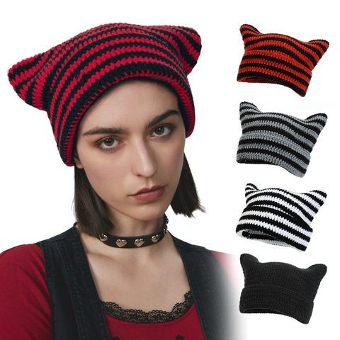 Women Striped Cat Ear Knitted Beanie Hat Handmade Acrylic Warm Winter Pullover Skull Cap For Punk E-Girl Cosplay Outdoor