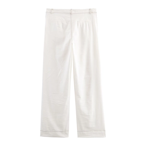 Damen Hose Mit Hoher Taille Weitem Bein Und Kontrastnähten Goldener Knopf Elegante Lässige Gewebte Polyesterhose