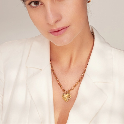 Collar Con Colgante De Corazón Acero Inoxidable Textura Rayos Sol Cadena Rolo Joyería Minimalista Regalo Mujer