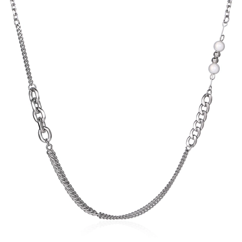 Double Layer Titanium Steel Necklace With Artificial Pearl Patchwork Asymmetric Chain Hip Hop Minimalist Style Jewelry For Men Women