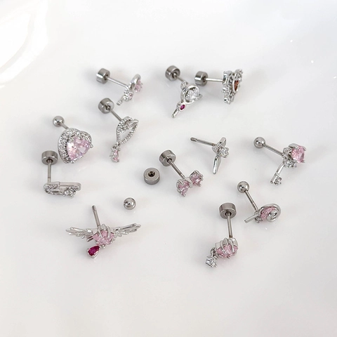 Orecchini a Bottone in Rame con Zirconia Rosa Stile Cool Spicy Girl Stella Cuore Fiocco Bacchetta Magica Orecchini Gioielli da Donna a Piercing Singolo