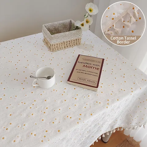 Japanischer Stil Gänseblümchen Bestickte Tischdecke Baumwolle Leinen Mischung Staubdicht Schreibtisch Abdeckung Mit Quasten