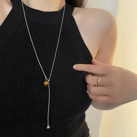Vintage Titanium Steel Tiger Eye Stone Pendant Necklace For Women Long Sweater Snake Bone Chain Light Luxury Jewelry