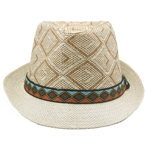Sommer Strohhut Fedora Atmungsaktiv Sonnenschutz Strandurlaub Vintage Jazz Stil Ethno Band Verzierung Herren