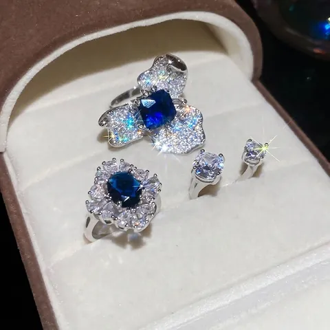 Kupfer Blauer Zirkon Blume Wassertropfen Ring Versilbert Luxus Elegant Glänzend Schmuck Für Damen