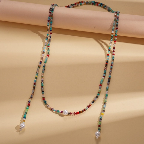 Collier Long Bohémien Avec Künstliche Perles De Verre Colorées Et Künstliche Perles D'Imitation Blanches Chaîne De Pull Vintage Superposée Pour Femmes